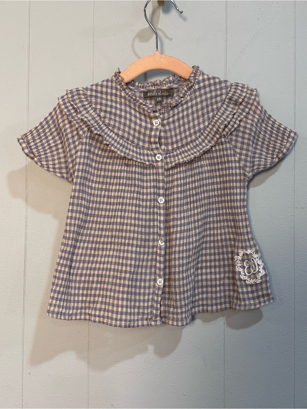 Emile Et Ida NEW Gingham Ruffle Collar Kids Shirt